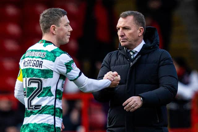 Celtic's Callum McGregor shakes hands with Brendan Rodgers after the 1-1 draw with Aberdeen.