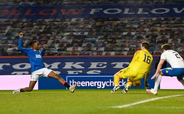 Joe Aribo sees a late effort saved by Kilmarnock goalkeeper Colin Doyle during Rangers' 1-0 win at Ibrox. (Photo by Rob Casey / SNS Group)