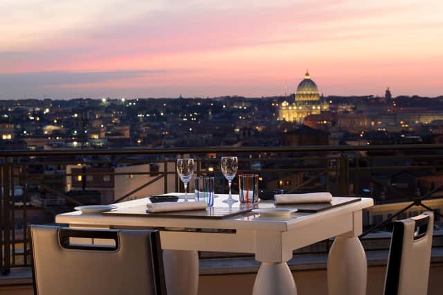 The Flair rooftop bar at the Sina Bernini Bristol hotel in Rome, with its views of the cupola of St Peter’s Basilica where flocks of starling wheel at dawn and dusk.