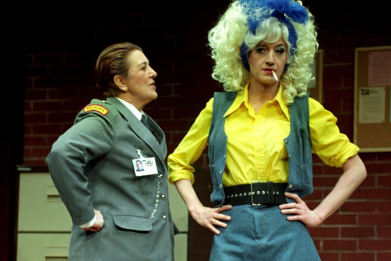Maggie Kirkpatrick and Paul O'Grady as Lily Savage (right), in rehearsals for the musical Prisoner Cell Block H 'The Musical' at the Queen's Theatre, London in 1995