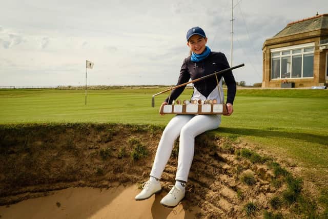 Grace Crawford shows off the Helen Holm Scottish Women's Open trophy after her Troon triumph last weekend. Picture: Scottish Golf