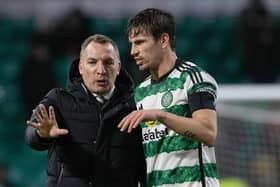 Celtic manager Brendan Rodgers and Matt O'Riley at full time after the Scottish Cup win over Buckie Thistle. (Photo by Alan Harvey / SNS Group)
