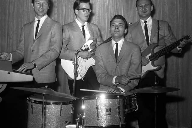 Jerry Allison drumming with (from left) Glen Dee Hardin and Buzz Cason (Picture: PA)