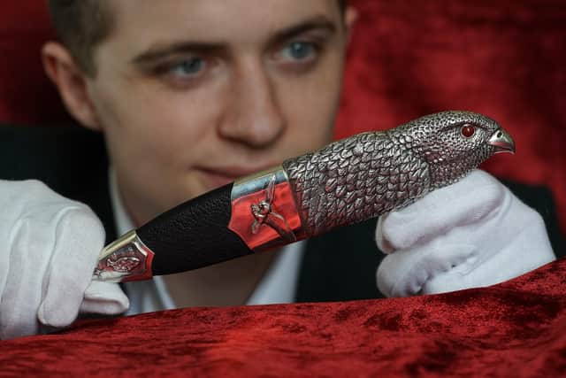 The sgian dubh, with silver falcon, one of the emblems of the clan, which will be worn by the new chief of Clan Buchanan. PIC: Stewart Attwood.