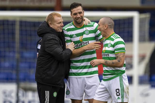 Celtic manager Neil Lennon with debutant Shane Duffy (centre) and Scott Brown (right) after the win over Ross County. (Photo by Craig Williamson / SNS Group)