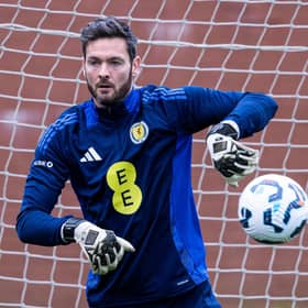 Craig Gordon, pictured yesterday at training, is back in the old routine with Scotland (Photo by Alan Harvey / SNS Group)