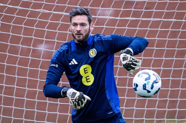 Craig Gordon, pictured yesterday at training, is back in the old routine with Scotland (Photo by Alan Harvey / SNS Group)