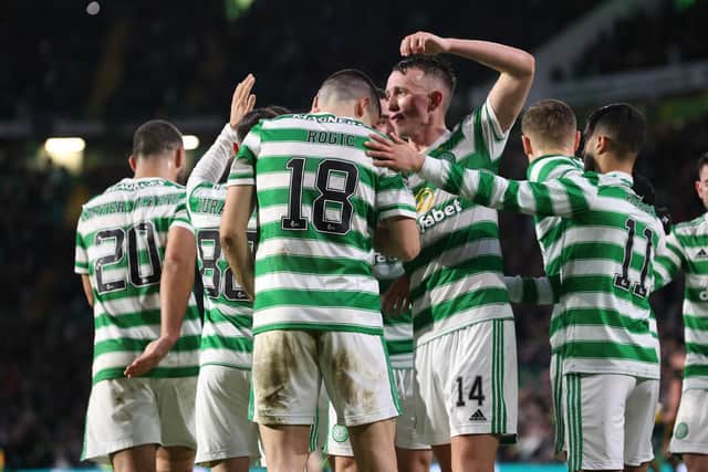 Celtic players celebrate Tom Rogic making it 1-0 against Motherwell.