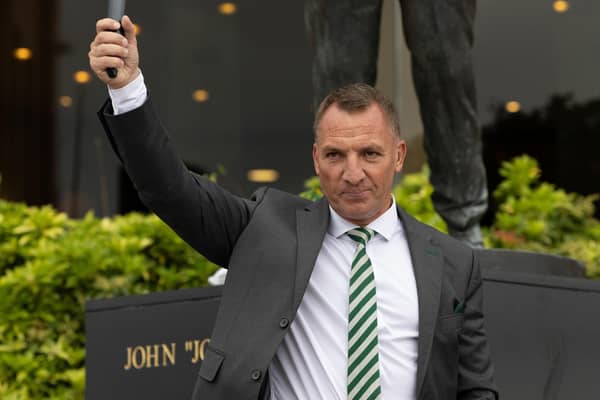 Brendan Rodgers addresses the fans outside the club's stadium following his Friday parading as Celtic manager for a second stint in which he will consider compromises to his natural expansive playing style to improve the club's standing in European competition. (Photo by Craig Foy / SNS Group)