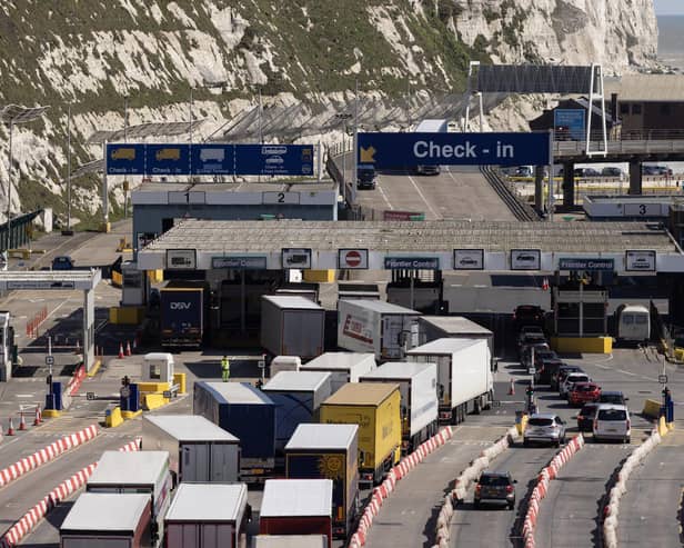 DOVER, ENGLAND - APRIL 03: Traffic moves through Dover Port on April 03, 2023 in Dover, England. Over the weekend, travellers had reported delays of more than 12 hours for ferries crossing the English Channel. By the early hours of Monday morning, traffic had largely returned to normal. (Photo by Dan Kitwood/Getty Images)