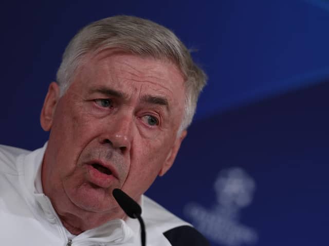 Real Madrid's Italian coach Carlo Ancelotti speaks to the press ahead of their match against Manchester City.