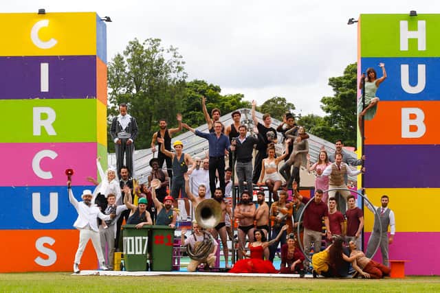 Circus Hub performers with Underbelly founders Ed Bartlam and Charlie Wood. Picture: Scott Louden
