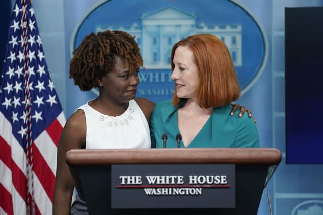 White House press secretary Jen Psaki introduces incoming press secretary Karine Jean-Pierre during a press briefing at the White House. Picture: AP Photo/Evan Vucci