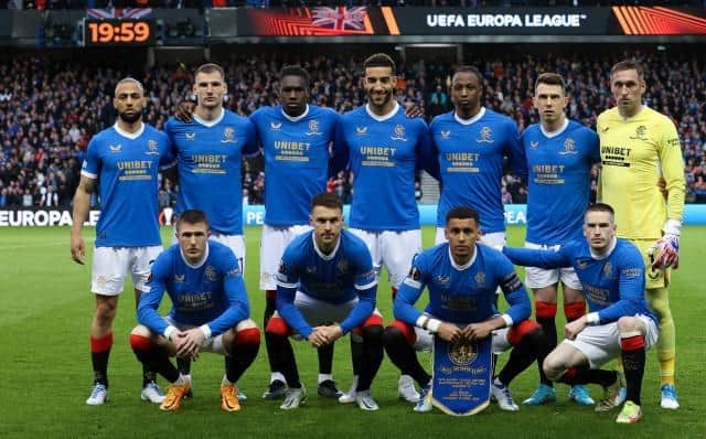 Rangers line up for the cameras before their Europa League quarter-final win over Braga at Ibrox last month. Back row (left to right): Kemar Roofe, Borna Barisic, Calvin Bassey, Connor Goldson, Joe Aribo, Ryan Kent, Allan McGregor. Front row (left to right): John Lundstram, Aaron Ramsey, James Tavernier, Ryan Kent. (Photo by Alan Harvey / SNS Group)