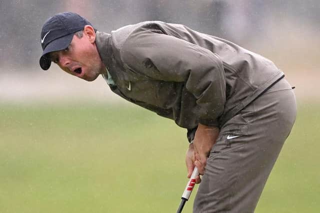 Rory McIlroy of Northern Ireland reacts after missing a putt in the final round of the 151st Open at Royal Liverpool. Picture: Ross Kinnaird/Getty Images.