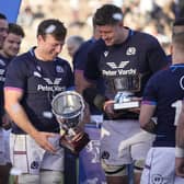 Hamish Watson, second from left, will take over the Scotland captaincy for the third Test from Grant Gilchrist, pictured beside him.  (Photo by Natacha Pisarenko/AP/Shutterstock)