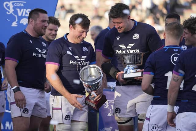 Hamish Watson, second from left, will take over the Scotland captaincy for the third Test from Grant Gilchrist, pictured beside him.  (Photo by Natacha Pisarenko/AP/Shutterstock)