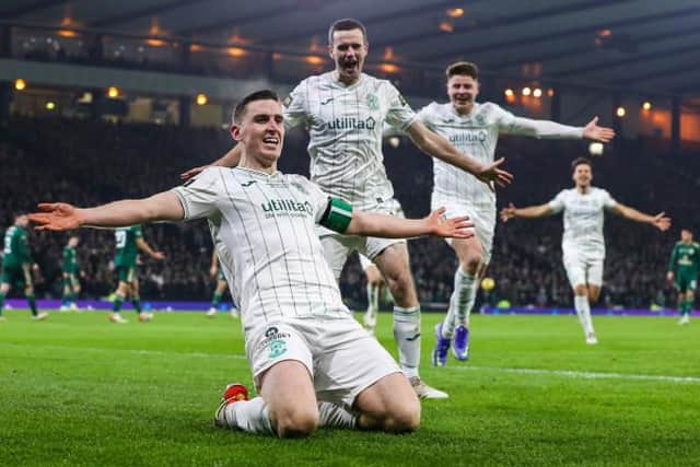 Paul Hanlon celebrates after scoring to make it 1-0 Hibs during the Premier Sports Cup Final between Celtic and Hibernian at Hampden Park, on December 19, 2021, in Glasgow, Scotland. (Photo by Alan Harvey / SNS Group)