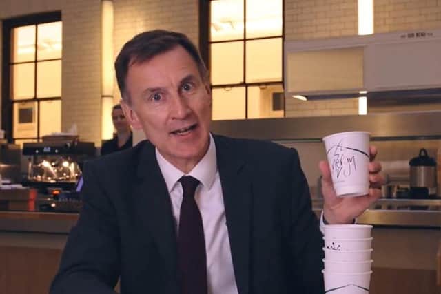 Jeremy Hunt’s attempt to explain rising inflation with a stack of empty coffee cups has been mocked online.