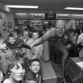 Children with Spider-Man at the Princes Street John Menzies' toy department in April 1983.