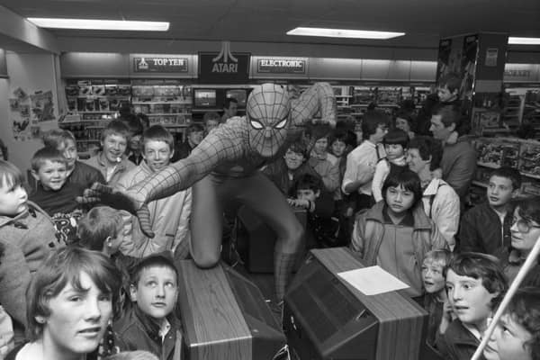 Children with Spider-Man at the Princes Street John Menzies' toy department in April 1983.