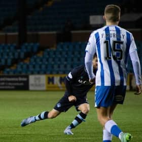 Rory McKenzie (left) fires in a shot from outside the penalty area to make the breakthrough for Kilmarnock in their Championship fixture against Morton at Rugby Park on Wednesday night. (Photo by Sammy Turner / SNS Group)