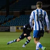 Rory McKenzie (left) fires in a shot from outside the penalty area to make the breakthrough for Kilmarnock in their Championship fixture against Morton at Rugby Park on Wednesday night. (Photo by Sammy Turner / SNS Group)