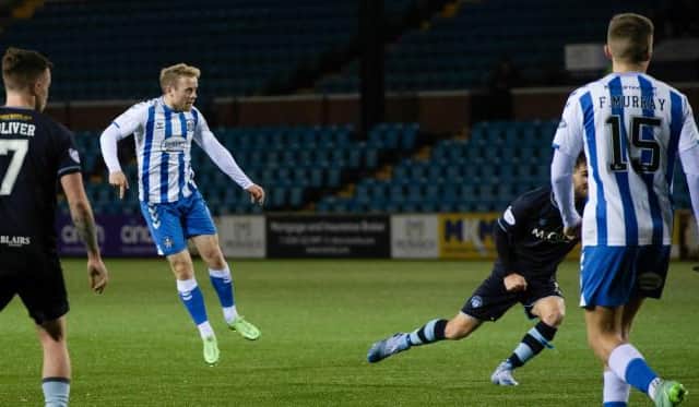 Rory McKenzie (left) fires in a shot from outside the penalty area to make the breakthrough for Kilmarnock in their Championship fixture against Morton at Rugby Park on Wednesday night. (Photo by Sammy Turner / SNS Group)