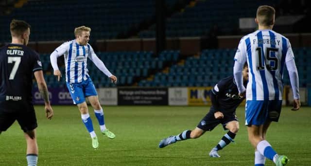 Rory McKenzie (left) fires in a shot from outside the penalty area to make the breakthrough for Kilmarnock in their Championship fixture against Morton at Rugby Park on Wednesday night. (Photo by Sammy Turner / SNS Group)
