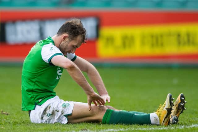 Hibs striker Christian Doidge shows his frustration after missing a chance during the Leith side's 2-0 league defeat at the hands of Motherwell. Photo by Mark Scates / SNS Group