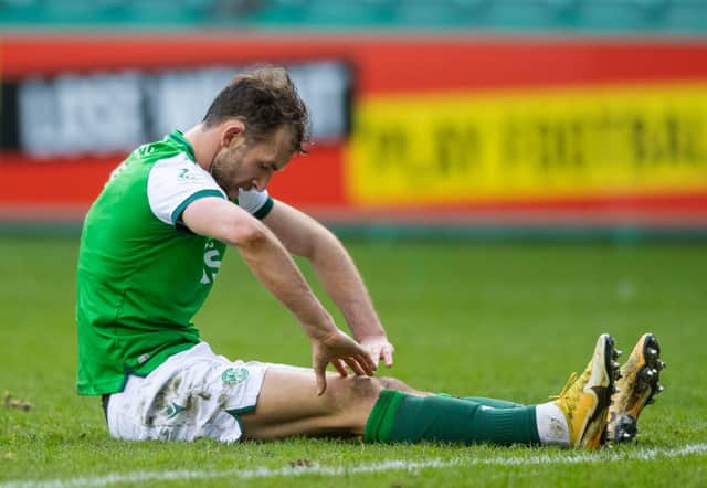 Hibs striker Christian Doidge shows his frustration after missing a chance during the Leith side's 2-0 league defeat at the hands of Motherwell. Photo by Mark Scates / SNS Group