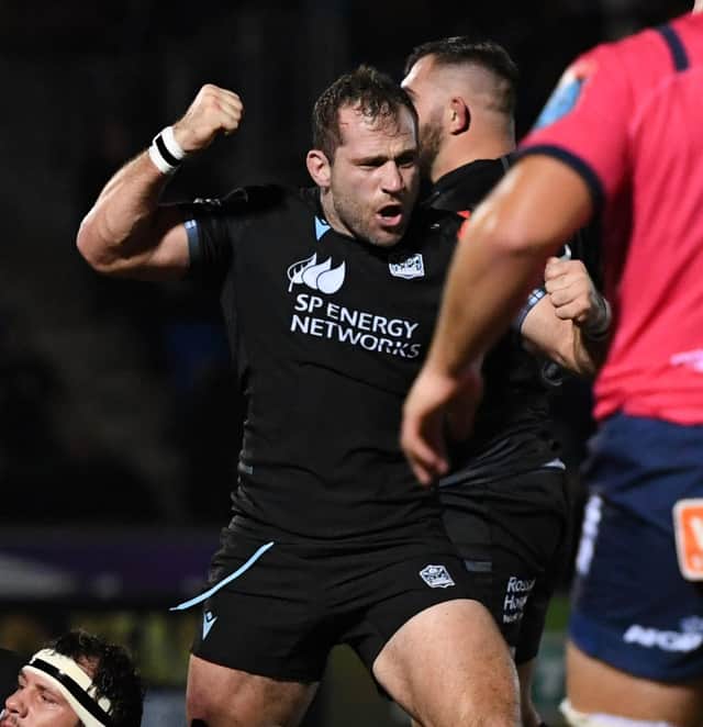 Warriors' Fraser Brown celebrates a try at Scotstoun. (Photo by Ross MacDonald / SNS Group)