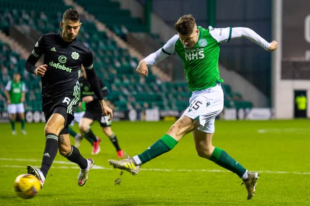 Kevin Nisbet scores to make it 2-0 to Hibs in their league match against Celtic at Easter Road.Photo  by Craig Foy/SNS Group