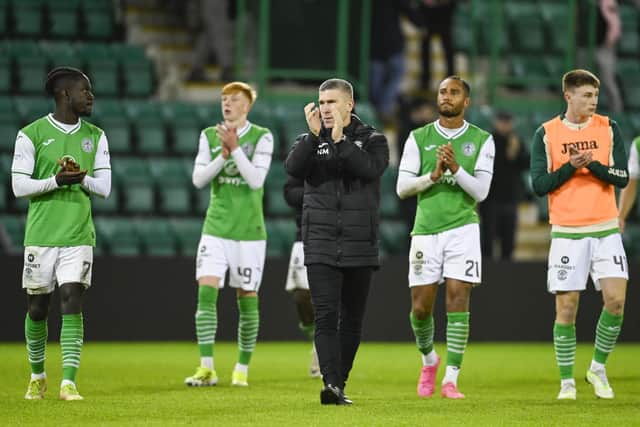 Hibs manager Nick Montgomery at full time after the 3-0 defeat to Rangers at Easter Road. (Photo by Rob Casey / SNS Group)