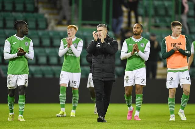 Hibs manager Nick Montgomery at full time after the 3-0 defeat to Rangers at Easter Road. (Photo by Rob Casey / SNS Group)