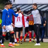 Rangers Manager Steven Gerrard with Connor Goldson at full time during a pre-season friendly between Partick Thistle and Rangers at Firhill, on July 05, 2021, in Glasgow, Scotland. (Photo by Craig Williamson / SNS Group)