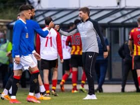 Rangers Manager Steven Gerrard with Connor Goldson at full time during a pre-season friendly between Partick Thistle and Rangers at Firhill, on July 05, 2021, in Glasgow, Scotland. (Photo by Craig Williamson / SNS Group)