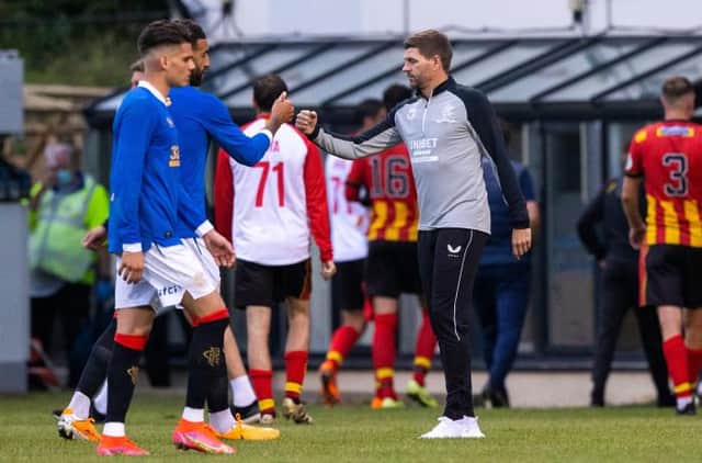 Rangers Manager Steven Gerrard with Connor Goldson at full time during a pre-season friendly between Partick Thistle and Rangers at Firhill, on July 05, 2021, in Glasgow, Scotland. (Photo by Craig Williamson / SNS Group)