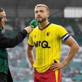 Watford's Ryan Porteous addresses the Hibs crowd on his return to Easter Road during Wednesday's pre-season friendly. (Photo by Ross Parker / SNS Group)
