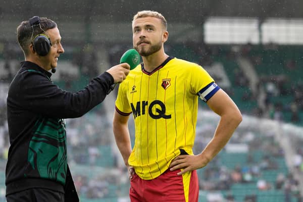 Watford's Ryan Porteous addresses the Hibs crowd on his return to Easter Road during Wednesday's pre-season friendly. (Photo by Ross Parker / SNS Group)