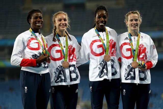 Bronze medallists Christine Ohuruogu, Emily Diamond, Eilidh Doyle and Anyika Onuora on the podium at Rio. Picture: Patrick Smith/Getty Images
