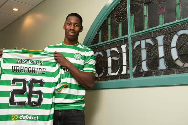 New Celtic signing Osaze Urhoghide is unveiled at Celtic Park. Picture: SNS
