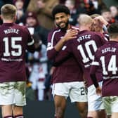 Ellis Simms celebrates after scoring to make it 2-0 during a cinch Premiership match between Hearts and Motherwell at Tynecastle