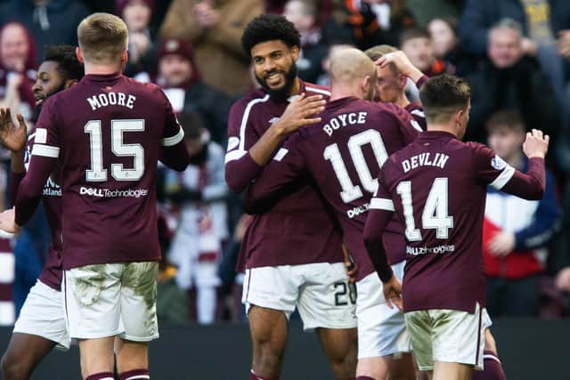 Ellis Simms celebrates after scoring to make it 2-0 during a cinch Premiership match between Hearts and Motherwell at Tynecastle