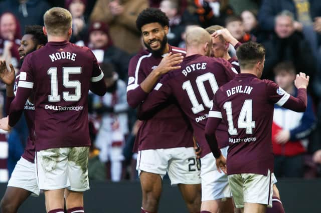 Ellis Simms celebrates after scoring to make it 2-0 during a cinch Premiership match between Hearts and Motherwell at Tynecastle