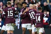 Ellis Simms celebrates after scoring to make it 2-0 during a cinch Premiership match between Hearts and Motherwell at Tynecastle