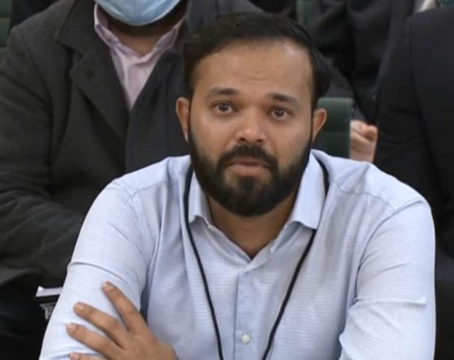 Screen grab from Parliament TV of former cricketer Azeem Rafiq crying as he gives evidence at the inquiry into racism he suffered at Yorkshire County Cricket Club, at the Digital, Culture, Media and Sport (DCMS) committee on sport governance at Portcullis House in London.