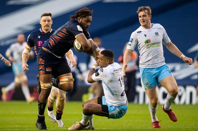 Ratu Tagive stops the marauding Bill Mata in his tracks during Glasgow's 31-24 win over Edinburgh in the Rainbow Cup at BT Murrayfield. Picture: Ross Parker/SNS