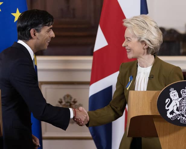 Prime Minister Rishi Sunak and European Commission president Ursula von der Leyen during a press conference at the Guildhall in Windsor, Berkshire, following the announcement that they have struck a deal over the Northern Ireland Protocol. Picture date: Monday February 27, 2023.
