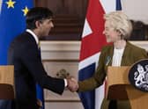 Prime Minister Rishi Sunak and European Commission president Ursula von der Leyen during a press conference at the Guildhall in Windsor, Berkshire, following the announcement that they have struck a deal over the Northern Ireland Protocol. Picture date: Monday February 27, 2023.
